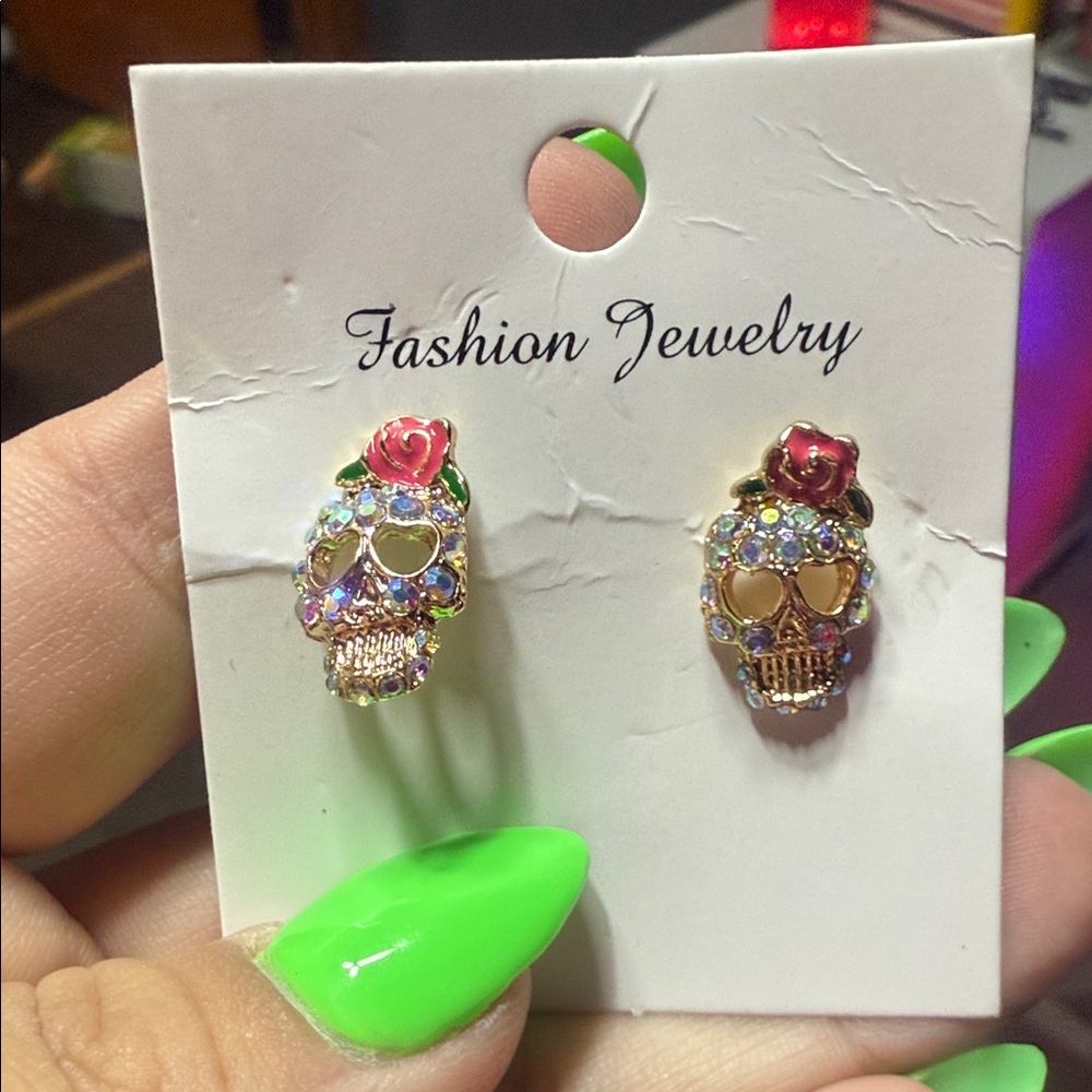 Gold Skull bejeweled Earrings with Multicolor Accents